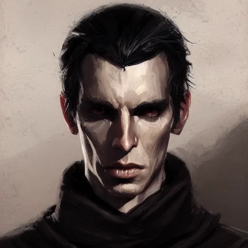 Prompt: portrait of a man by greg rutkowski, sith kinght, he looks like a vampire, long black messy hair, very tall and slender, star wars expanded universe, wearing black robes, he is about 3 0 years old, highly detailed portrait, digital painting, artstation, concept art, smooth, sharp foccus ilustration, artstation hq