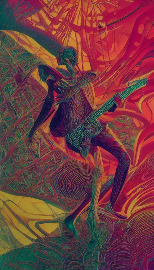 Prompt: colourful futuristic biomorphic opart, octane render 8 k, jimi hendrix playing guitar, pascal blanche, josh kirby, roger dean, giger, arthur rackham, moebius, syd mead, beksinski, greg hildebrandt, scifi, 8 k