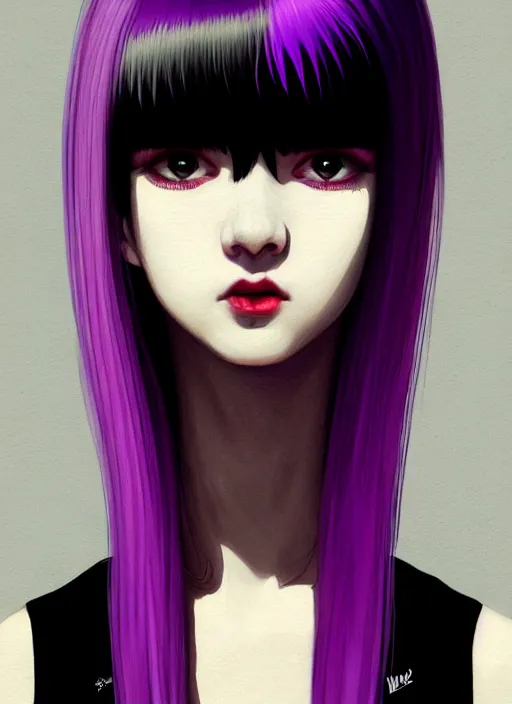 Image similar to hair blackbangs hair, white hair, blackbangswhitehair, portrait of teenage girl with black bangs, red irises, purple clothes, black bangs, bangs are white hair is black, intricate, elegant, glowing lights, highly detailed, digital painting, artstation, concept art, sharp focus, illustration, art by wlop, mars ravelo and greg rutkowski