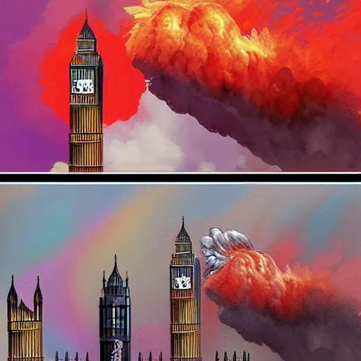 Image similar to dynamic painting of the Big Ben being blown up by a bomb, explosion, smoke, fire, made by Sylvain Sarrailh