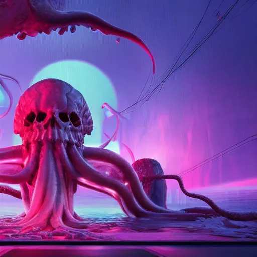 Image similar to soft painting render curiosities gigantic skulls tentacles reflection refraction gateway portal synthwave, accurate features, focus, very intricate ultrafine details, rainbow lighting, dense fog, award winning masterpiece, octane render 8 k hd, dark fantasy