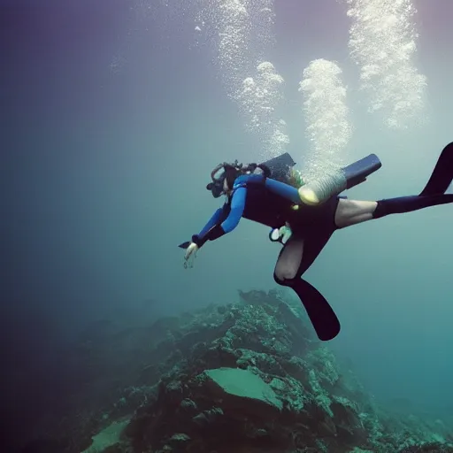 Prompt: mark zuckerberg scuba diving underwater, long reptilian tail, photo by annie leibovitz,