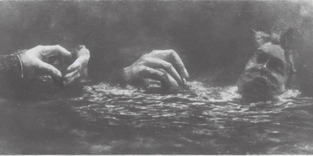 Image similar to a boat being grabbed by a giant underwater hand, 1 9 0 0 s photograph