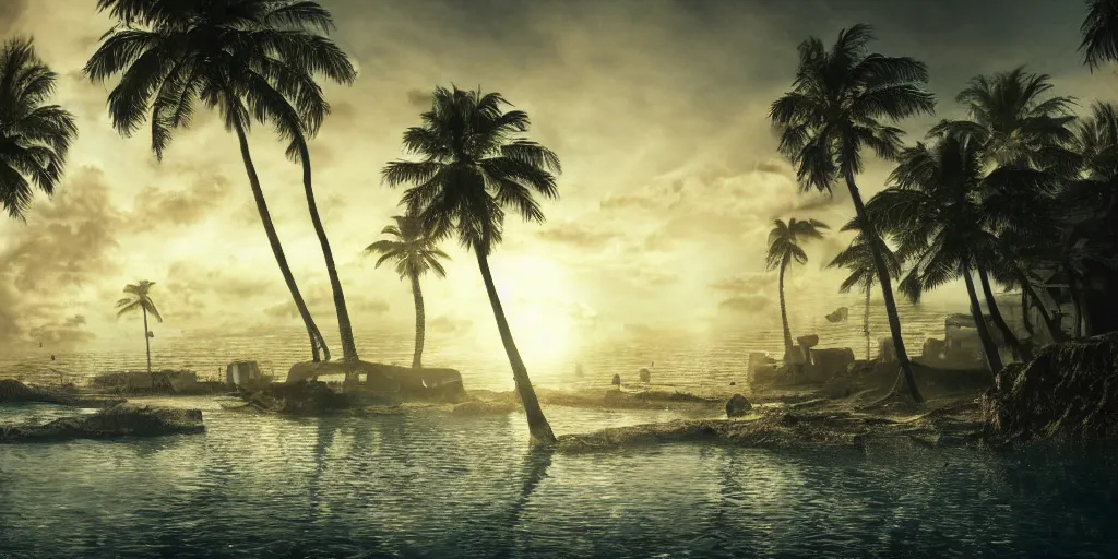 Image similar to under water sunken city with beach with palmtrees seaweed air bubbles, golden hour, caustics, shallow depth of field, moody lighting, 8 k, concept art,