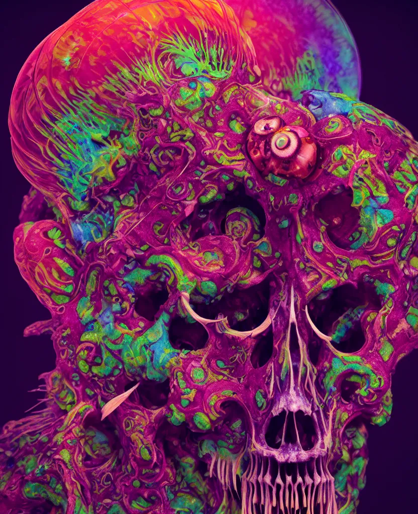 Image similar to psychedelic shaman close - up portrait goat skull. jellyfish phoenix head, nautilus, orchid, monkey skull, betta fish, bioluminiscent creatures, intricate artwork by tooth wu and wlop and beeple. octane render, trending on artstation, greg rutkowski very coherent symmetrical artwork. cinematic, hyper realism, high detail, octane render, 8 k