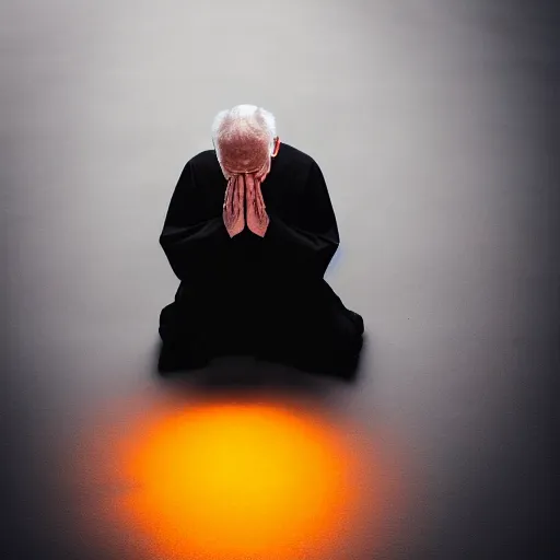 Prompt: An old catholic priest in black garb kneeled in passionate prayer. His eyes are wide open with fear. Ominous dramatic yellow lighting. Close-up shot from above, 4K photograph, 85mm sigma Art Lens