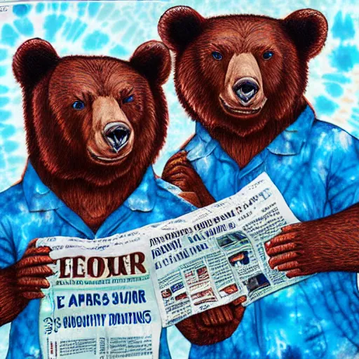 Image similar to 3 bears in tie dye shirts reading newspapers, highly detailed, portrait painting, illustration by scott gustafson