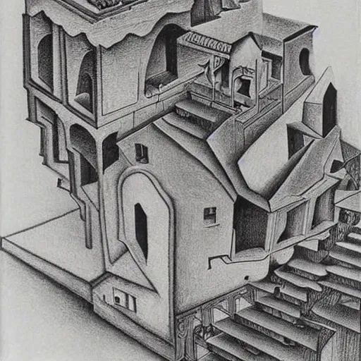 Image similar to M.C. Escher's Relatively drawing done by Salvador Dali