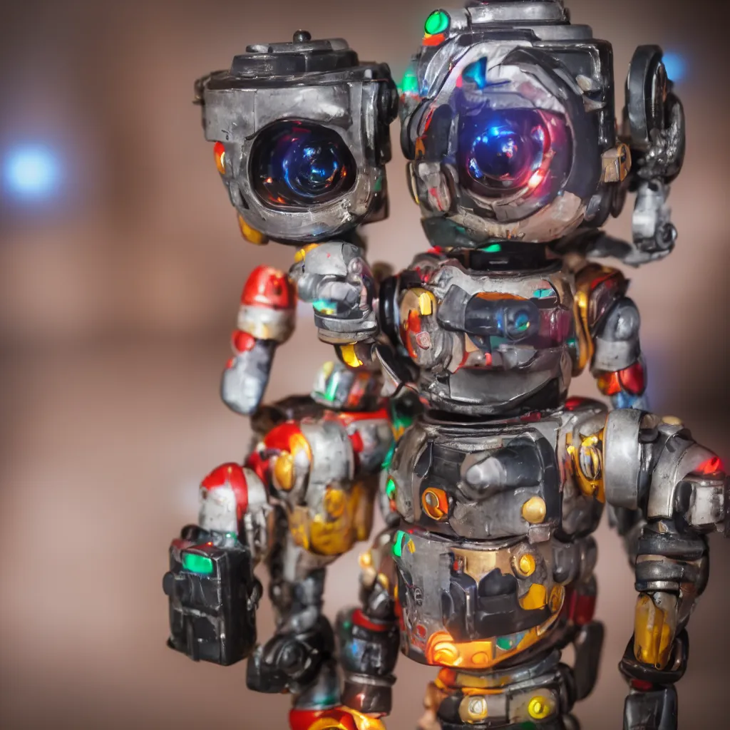 Image similar to high quality presentation photo of a retro toy robot with glowing eyes, photography 4k f1.8 anamorphic bokeh 4k Canon Nikon