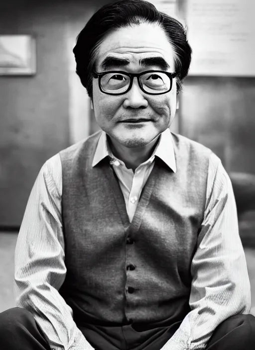 Prompt: satoru iwata as an old man by jatenipat ketpradit and annie leibovitz and steve mccurry and richard avedon, award winning photo, portrait, black and white, emotional