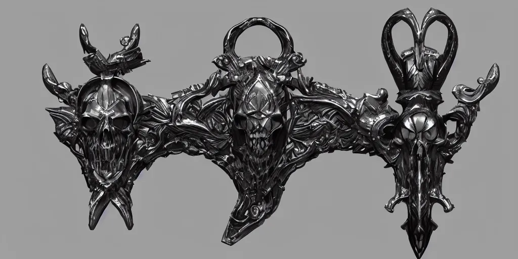 Image similar to a black and silver sword skull crest, orthographic, ornament, weapon, a 2 d render by dom qwek, front side, concept art, trending on polycount, artstation, hard surface modeling, rendered in maya, zbrush, hd, vray, blizzard, symmetry