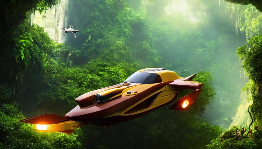 Image similar to a scifi flying car floating in a prehistoric jungle cave, lush flora, waterfall, sunset, hazy, volumetric lighting, rtx on, photorealistic render, great composition, very detailed