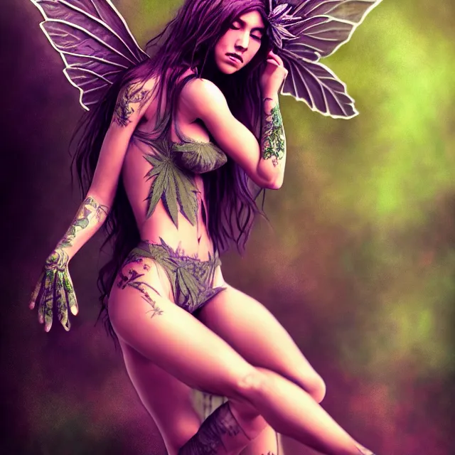 Image similar to full body pose, beautiful adult marijuana fairy, grungy, grunge, highly detailed, 4 k, hdr, smooth, sharp focus, high resolution, award - winning photo, artgerm, photorealistic