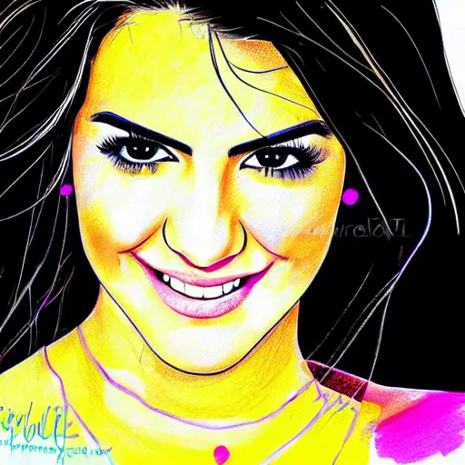 Prompt: joyful look in her eyes Maite Perroni in 2005 close-up portrait looking straight on, complex artistic color ink pen sketch illustration, full detail, gentle shadowing, fully immersive reflections and particle effects, chromatic aberration.