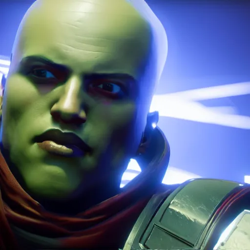 Prompt: beautiful portrait of zavala in destiny 2, ultra detailed, hyper realistic, blue face unreal engine, ray tracing 8 k