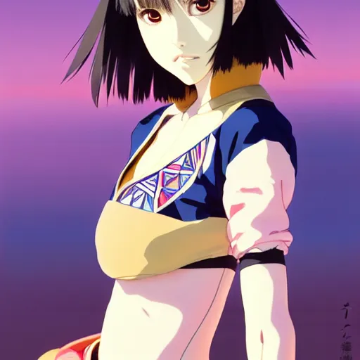 Image similar to a beautiful japanese natalie portman gravure model, wearing oversized native designer bomber jacket and leotard, bulky poofy bomber jacket with mesoamerican patterns, mesoamerican native street fashion, gapmoe yandere grimdark, trending on pixiv fanbox, painted by greg rutkowski makoto shinkai takashi takeuchi studio ghibli, akihiko yoshida