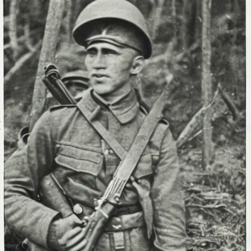 Image similar to Danny Gonzales as a soldier, ww1 trench, war photo, film grain