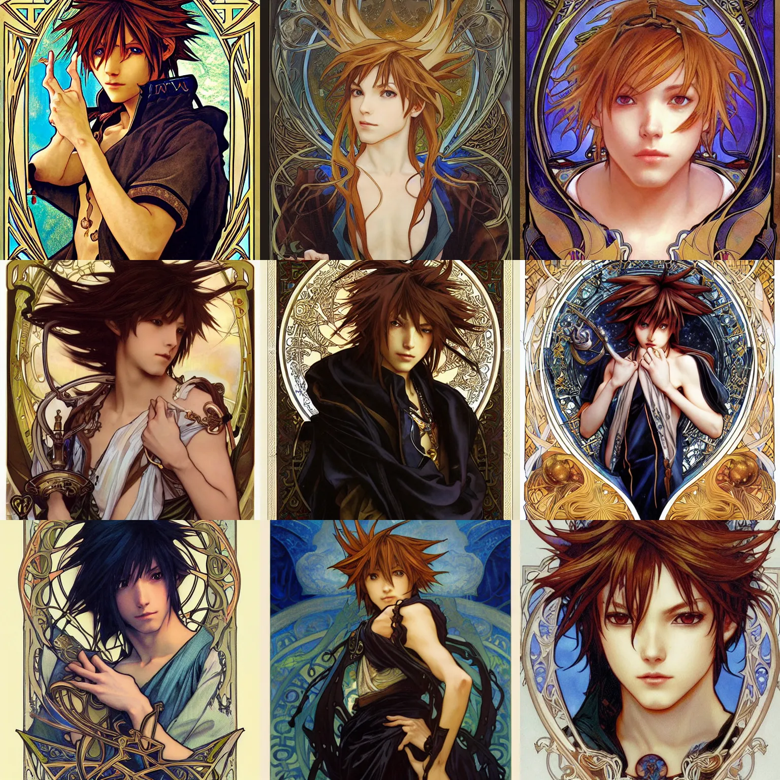 Prompt: Sora from Kingdom Hearts, by Alphonse Mucha, Ayami Kojima, Amano, Charlie Bowater, Karol Bak, Greg Hildebrandt, Jean Delville, and Mark Brooks, Art Nouveau, Pre-Raphaelite, Neo-Gothic, gothic, Art Nouveau, rich deep moody colors