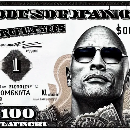 Image similar to dwayne johnson on a $ 1 0 0 bill 4 k detailed