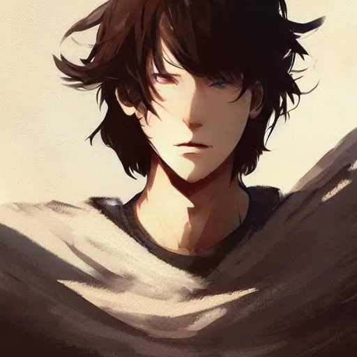 Image similar to portrait of a feminine teenage boy with brown hair and blue eyes, wearing an oversized sweater, dramatic lighting, anime illustration by Greg rutkowski, yoji shinkawa, 4k, digital art, concept art, trending on artstation, アニメ, featured on pixiv