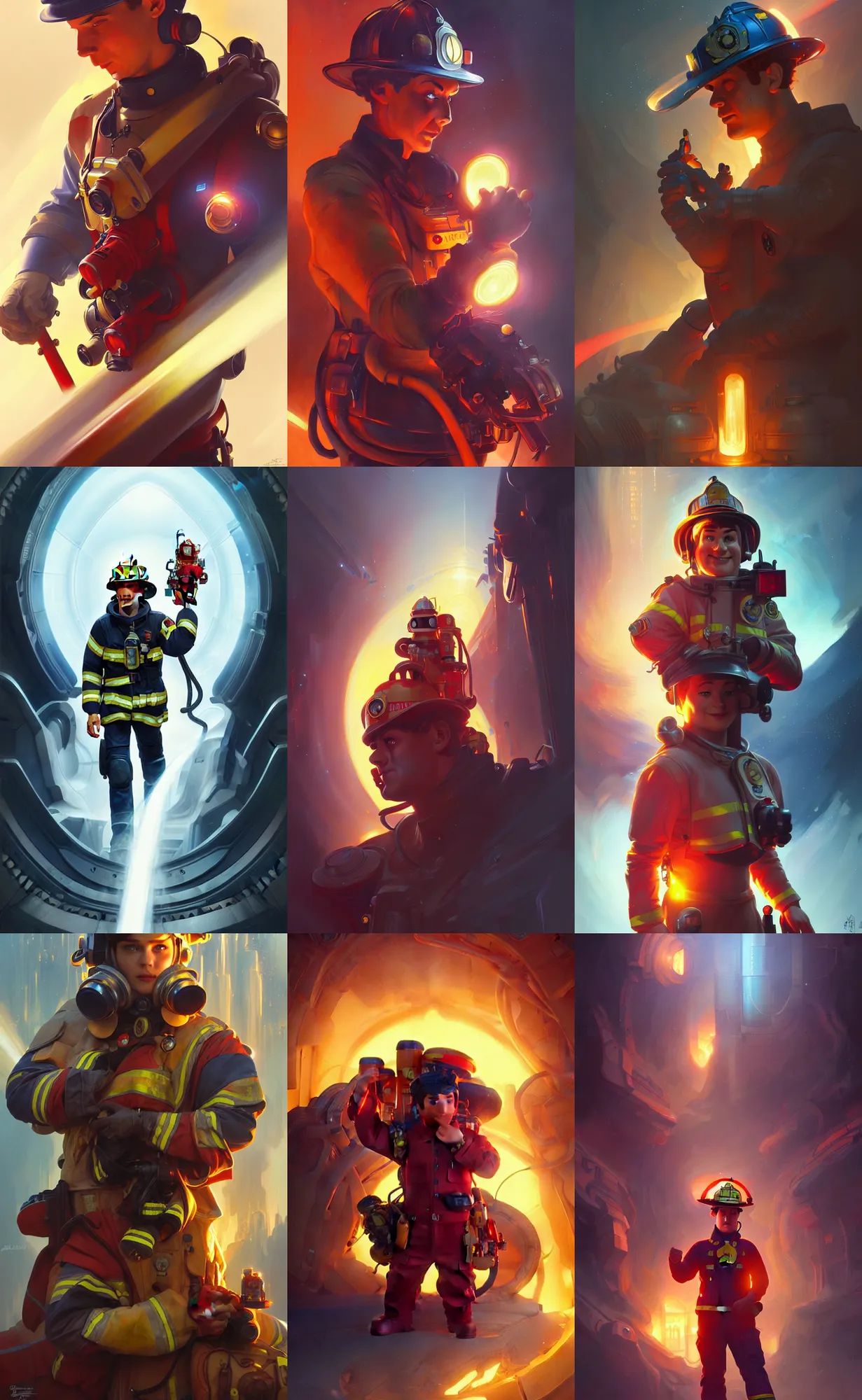 Prompt: Fireman sam, sci-fi, highly detailed, digital painting, artstation, concept art, smooth, sharp focus, illustration, art by artgerm and greg rutkowski and alphonse mucha