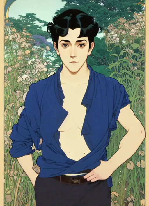 Image similar to handsome young man with short black hair, male, dressed in blue, looking down, half body shot, arms down, path traced, highly detailed, high quality, digital painting, by studio ghibli and alphonse mucha, leesha hannigan, hidari, art nouveau, chiho aoshima, posuka demizu, atey ghailan