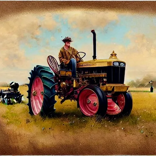 Prompt: ( ( ( ( ( king rides royal farm tractor, fully ornated with intricate gold and jewels. muted colors. ) ) ) ) ) high resolution, high quality, by jean - baptiste monge!!!!!!!!!!!!!!!!!!!!!!!!!!!