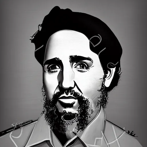 Image similar to portrait of a justin trudeau dreesed as fidel castro, photography, sepia, realism, realistic