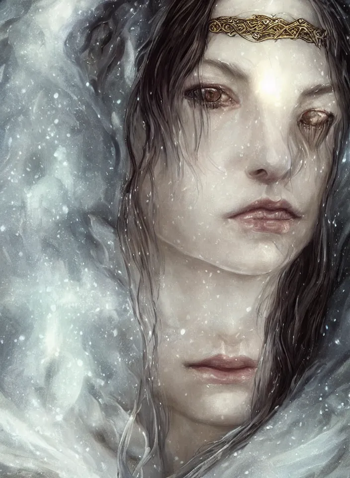 Prompt: a closeup portrait of an elven sorceress from skyrim wearing a white dress, fantasy setting, cold environment, serene colors, soft lighting, atmospheric, cinematic, moody, in the style of diego koi, gina heyer, luiz escanuela, art by alyssa monk, depth, hyperrealism, rule of thirds, golden ratio, oil on canvas, 8 k