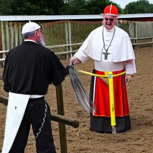 Prompt: guy fieri dressed as the pope cleaning a horse stall, a horse is staring at him while he is doing his work, award winning photo,