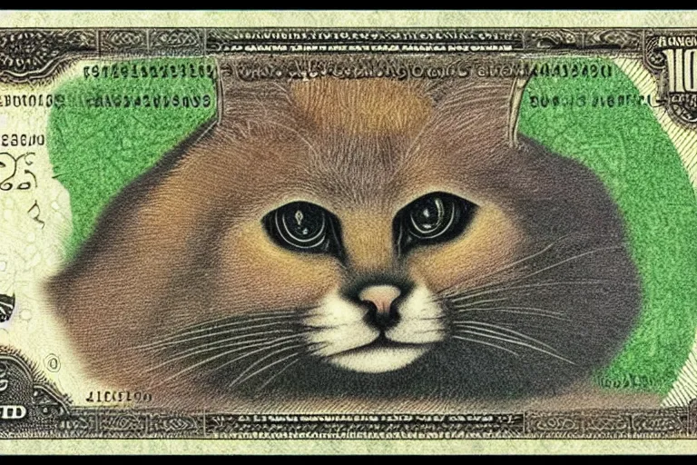 Image similar to cute caracal face at $100 bill, banknote, intaglio style, macro, realistic