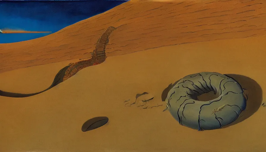 Image similar to a giant sandworm bursting out of the sand on a mountainous desert planet, by roger dean, by dean ellis, by moebius, oil on canvas, highly detailed, soft lighting