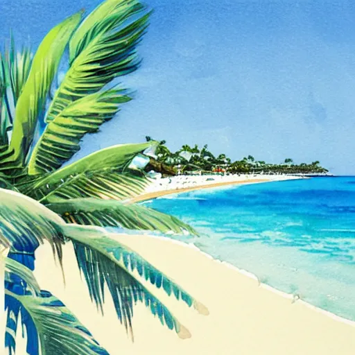 Prompt: Okinawa beach with blue skies and palm trees, intricate, watercolor, by Hiroshi Nagai, trending on Artstation