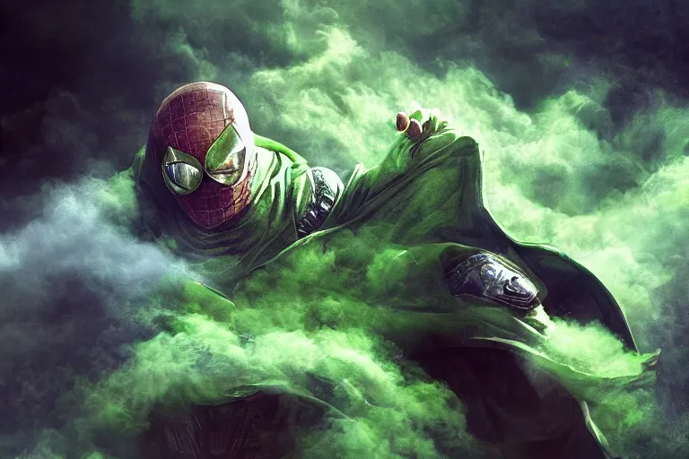 Image similar to Mysterio emerging from a cloud of green smoke, trending on Artstation, HD wallpaper, 4k, photorealistic, digital art, painted by Bayard Wu