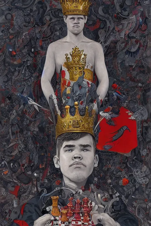 Prompt: magnus carlsen as supreme king of chess, a surrealist painting by james jean, trending on cgsociety, pop surrealism, androgynous, grotesque, angular