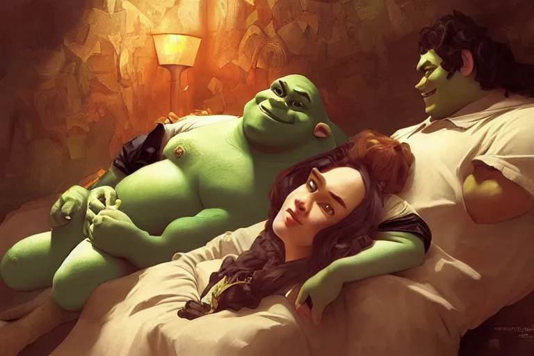 Image similar to pushkin and shrek lying in bed together, portrait, highly detailed, digital painting, artstation, concept art, smooth, sharp focus, illustration, cinematic lighting, art by artgerm and greg rutkowski and alphonse mucha