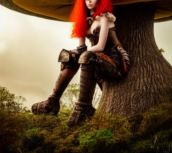 Image similar to a portrait photo of an armored female warrior redhead with antlers sitting on the edge of a giant mushroom that covers a whole town and reaches above the clouds by luis royo. intricate. lifelike. soft light. sony a 7 r iv 5 5 mm. cinematic post - processing