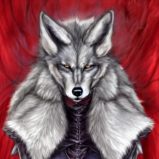 Prompt: a portrait of an anthropomorphic wolf, furry fursona, black cape, long fangs, by ayami kojima, castlevania symphony of the night, correct wolf muzzle, full body, flowing cape, large red eyes!!!, upper body