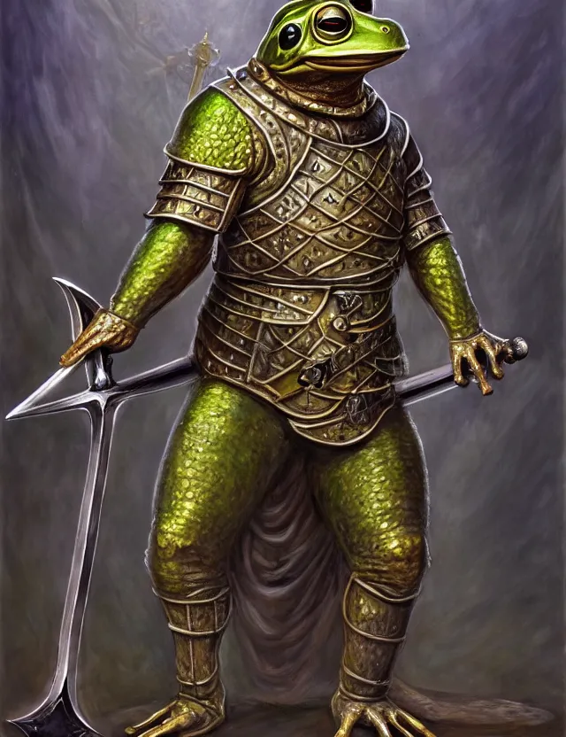 Prompt: anthropomorphic bipedal frog that is dressed as a medieval knight, and holding a colossal sword, as a matte oil painting, d & d character reveal, by alex grey, standing, fullbody, ornate, gems, ectoplasm, knickknacks, mystic, concept art, award - winning, extremely detailed, sharp focus