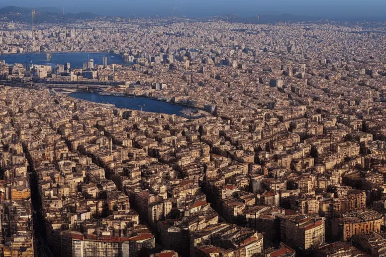 Image similar to views of catastrophic barcelona covered with water and refugees in buildings, global warming, sunset lighting, photo real