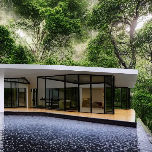 Prompt: High quality realistic photograph of a modern house in the middle of a rain-forest