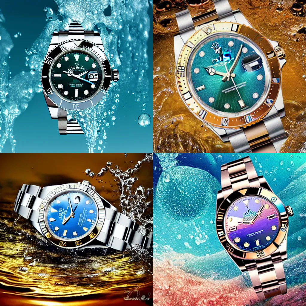 Prompt: rolex watch submerged in transparent water, ultra realistic, bubbly water, natural colors, oil painting style