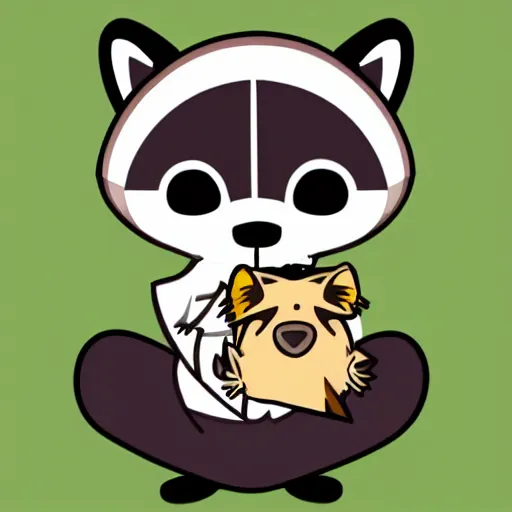 Image similar to a raccoon painting a picture of himself, anime, kawaii