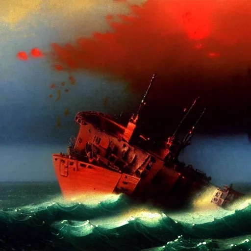 Image similar to bloody ocean, rusted iron ship sinking in red blood ocean, by Ivan Aivazovsky, junji ito, hd 8k, hideaki anno