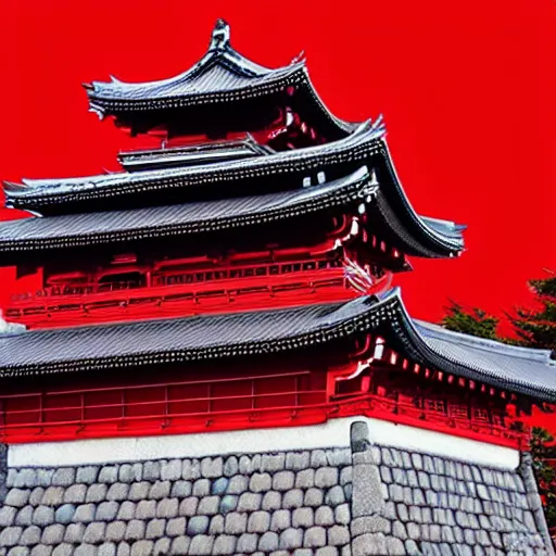 Image similar to beautiful japanese castle in the color red, dark sky with full moon, hyper detailed, highly detailed, photo realistic
