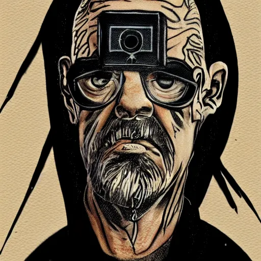 Image similar to old man with cyberarm and eyepatch, face tattoos, punk, grunge, rough, paint, scratchy, science fiction, cyberpunk, retrofuture, illustration