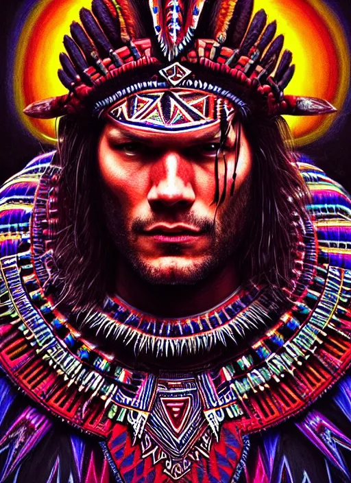 Image similar to portrait of jared padalecki, hyper detailed ultra sharp aztec shaman warrior. trending on artstation, warpaint aesthetic, bloodwave, colorful, psychedelic, ornate, intricate, digital painting, concept art, smooth, sharp focus, illustration, art by artgerm and greg rutkowski and h. r. giger, 8 k