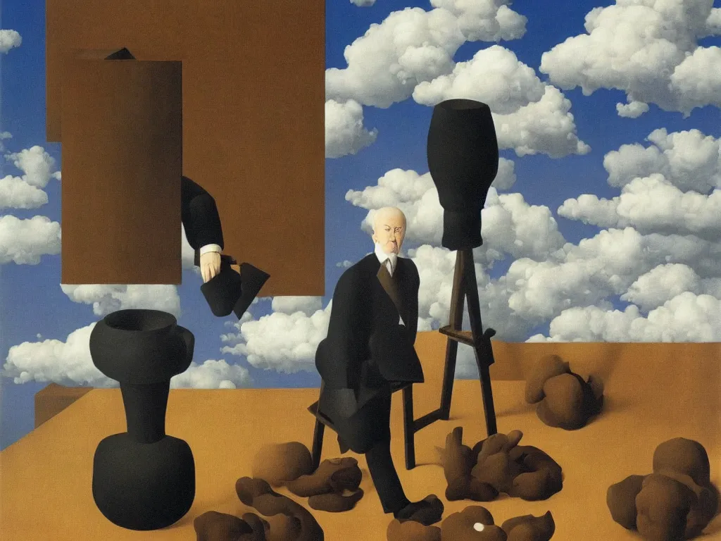 Prompt: obituary for an alchemist. painting by rene magritte