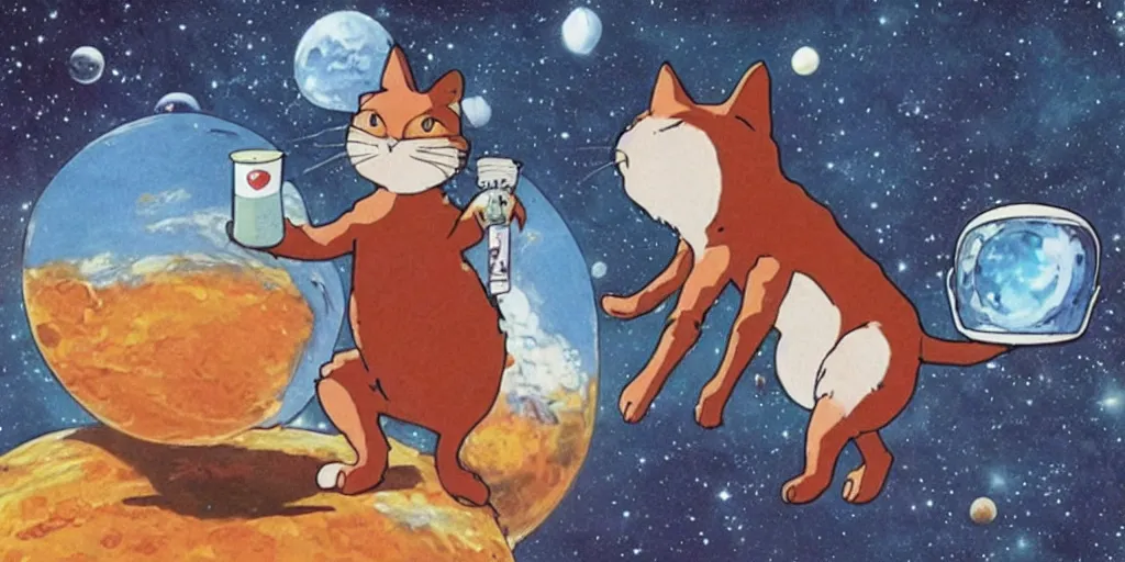 Prompt: space cat drinking cola while standing on basketball court on mars in style of hayao miyazaki