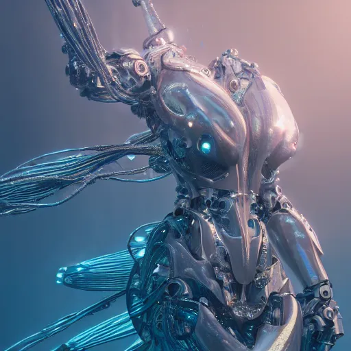 Image similar to biomechanical mecha white mermaid underwater, rays of light. Style of westworld, cables, lights, searchlight, weta digital, octane render, insane details, ultra realistic, beatifully lit, reflections